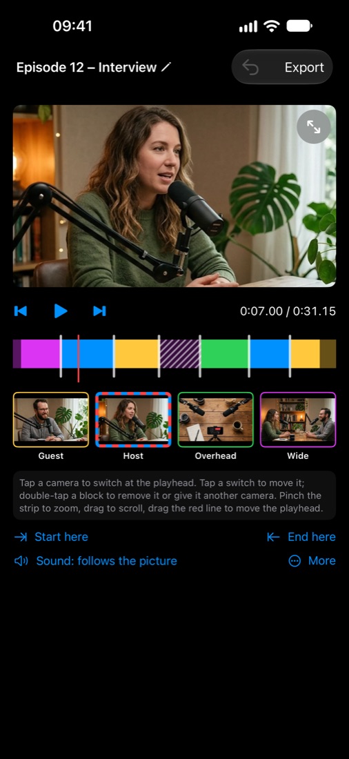 Montaj multicam pe iPhone în editorul ActionCheese